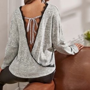 Gray Open-Back Sweater with Lace Detail